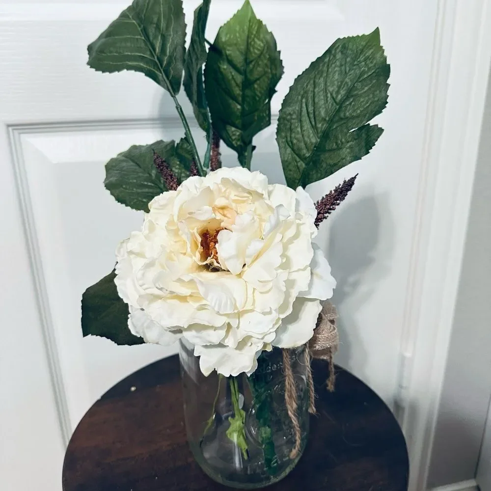 Silk Peony Floral Glass Mason Jar Vase Rustic Decor